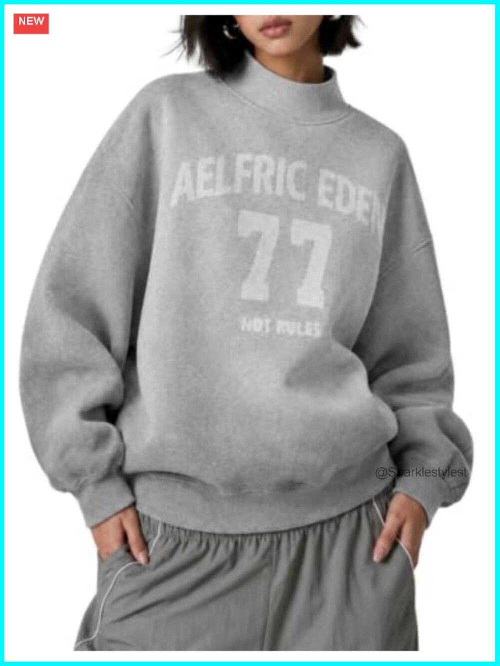 Oversized Mock Neck Sweatshirt Cotton Blend Pullover Hidden Pockets